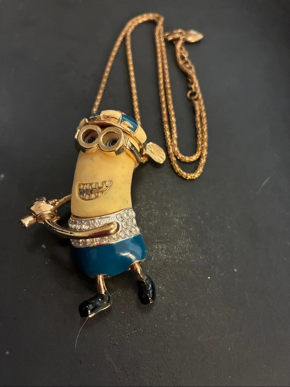 Minion Golfer Pendant Necklace Gold-Tone in Yellow & Blue NWOT
